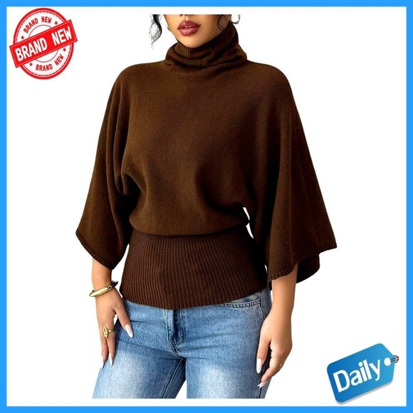 Sweaters - Women's Turtleneck Sweater 3/4 Sleeve Pullover Knitted Business Casual Top